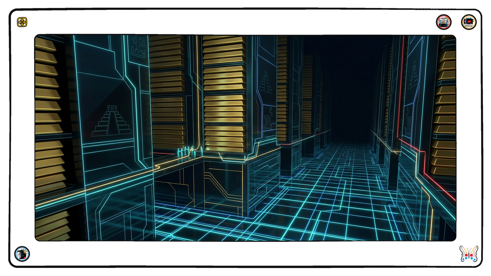 A long underground archive of stacked gold ledger plates beneath the grid, where tiny figures reroute one thin gold thread so that it no longer passes through a neighbouring plate on its way down.