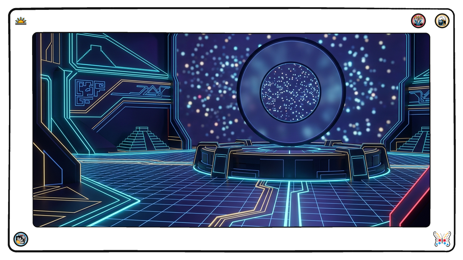 A dark neon observatory where a great circular lens on a pedestal has come into focus, its sharp centre revealing a dense field of lights that blurs into soft points around it.