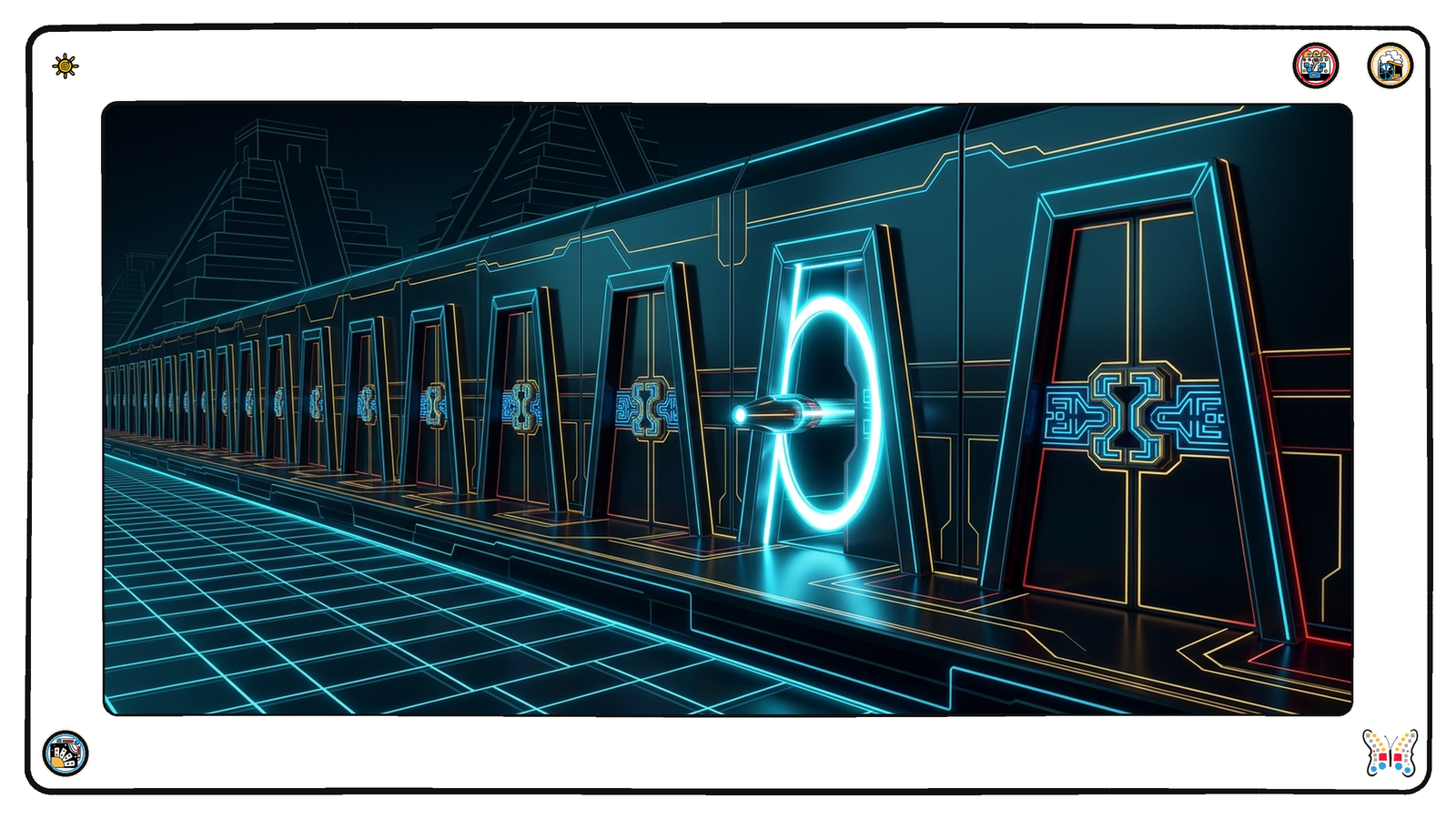 A dark neon hall where a long row of identical angular doorways each carries the same glowing interlocking lock, and a small light-vessel passes through one of them as its lock opens in a clean ring of light.