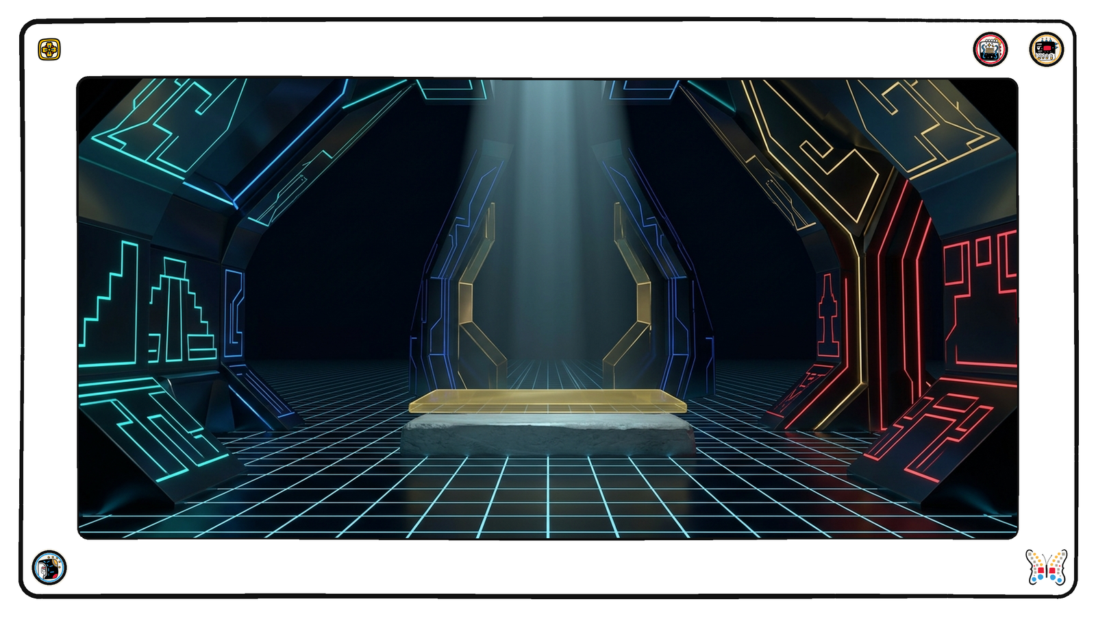 A vaulted chamber beneath the grid where a gold translucent layer has been lowered over a long unchanged stone slab, the two resting exactly on top of each other, a pale beam of light from above finally falling on both after a long dark.