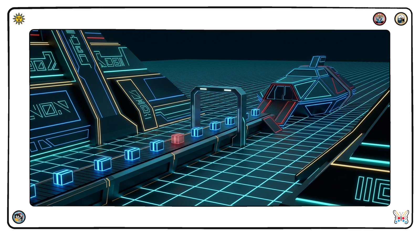 A dark neon loading dock where a long conveyor carries small glowing parcels toward a waiting angular vessel, most parcels shining clean blue while one in the line glows a faint wrong red, and a single scanning arch stands over the belt.