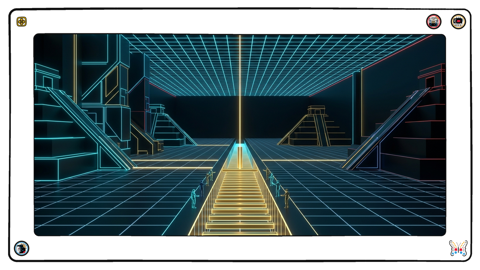 A foundation hall beneath the neon grid where a single gold causeway runs straight down the middle between stepped stone structures, a few tiny figures standing along its edges.