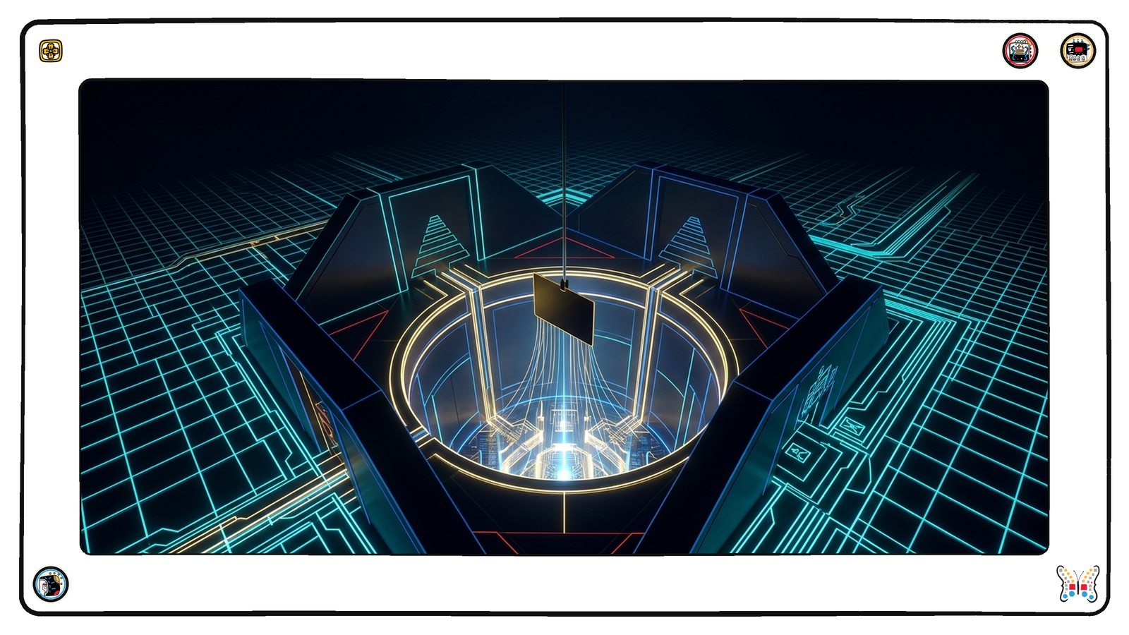 Beneath the neon grid, a long underground gallery where a single small gold card hangs at the mouth of a glowing round shaft that descends to a shared catalog chamber below, thin lines of light running from the card down into the chamber while the card itself stays dark and still.