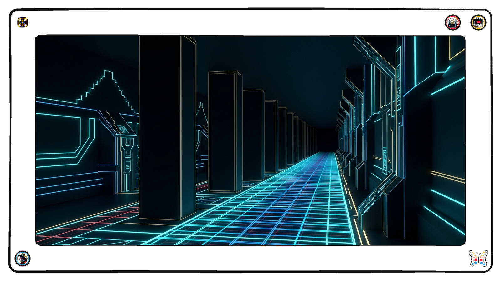 A long subterranean colonnade of tall plain dark monoliths receding into blackness, their edges traced in cold gold, most of them unlit and silent while the load-bearing neon grid floor runs on past them.