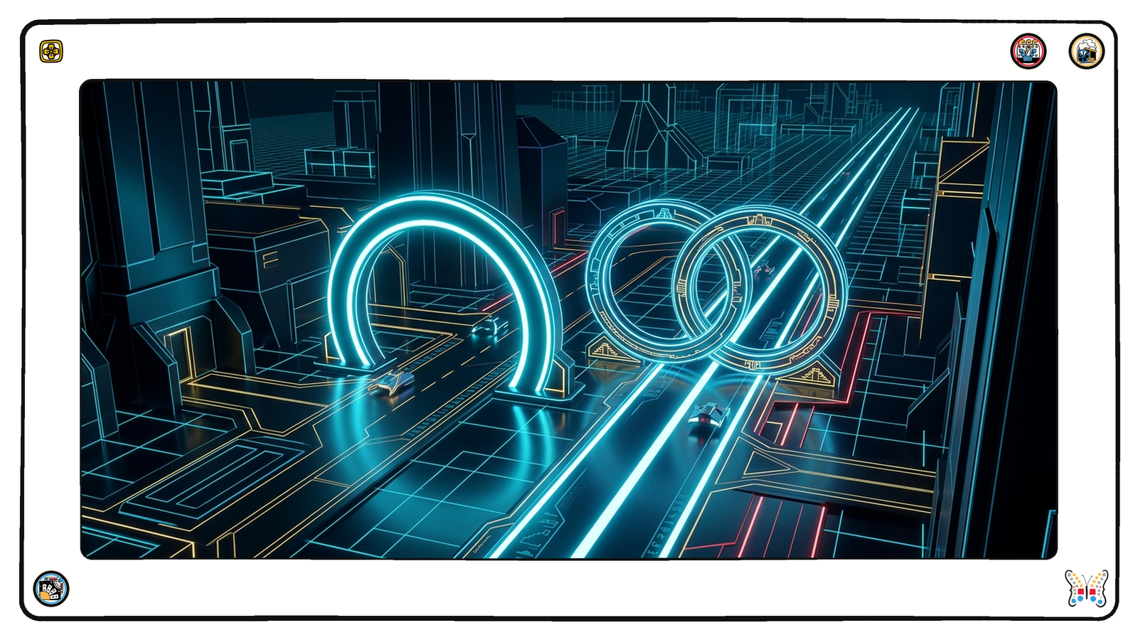 A dark neon city road where two glowing gates stand side by side, one a single bright arch and the other a pair of interlocking rings, with small light-vessels passing through each.