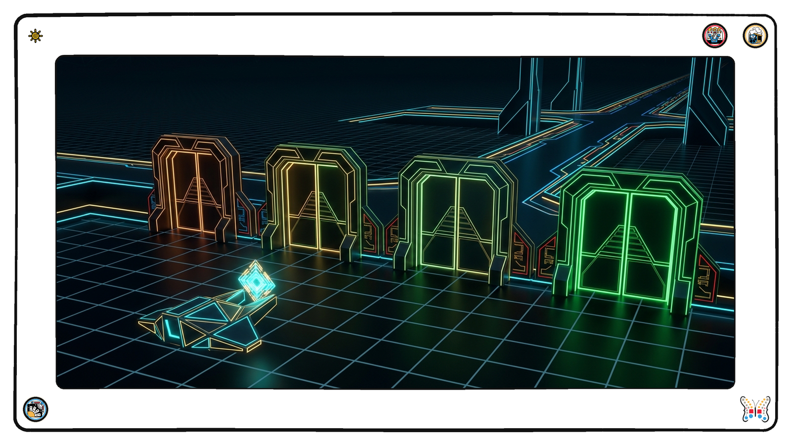 A dark neon checkpoint where a small angular light-vessel holds up a glowing credential toward four separate gates in a row, and each gate's light turns from amber to clear green as it reads the same credential.