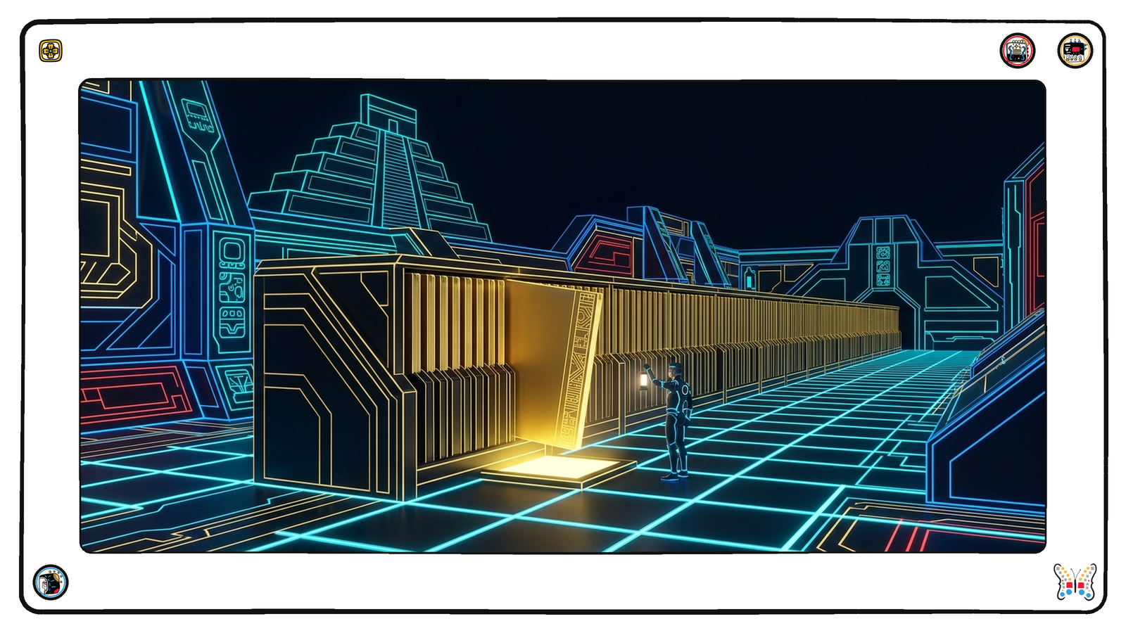 A foundation archive beneath the grid where one long row of gold ledger plates has a single plate slid halfway out and lit from below, a small figure holding a lamp up to the date cut into its edge.