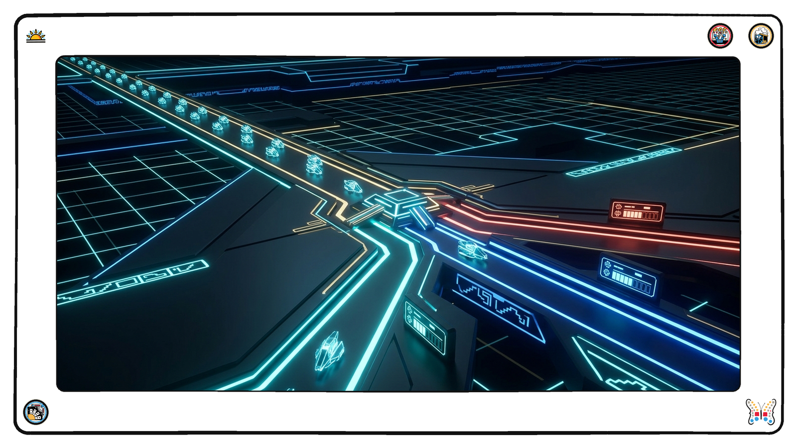 A dark neon junction where a single stream of light-vessels arrives at a glowing switch that splits it cleanly into three lit channels, a small meter glowing beside each channel.
