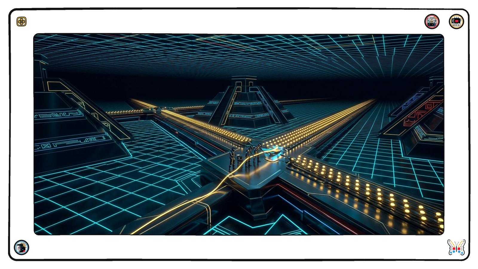An underground junction hall beneath the neon grid where rows of glowing gold nodes stretch into the distance and a single new conduit is being fed into the row from the side, tiny figures splicing it in.