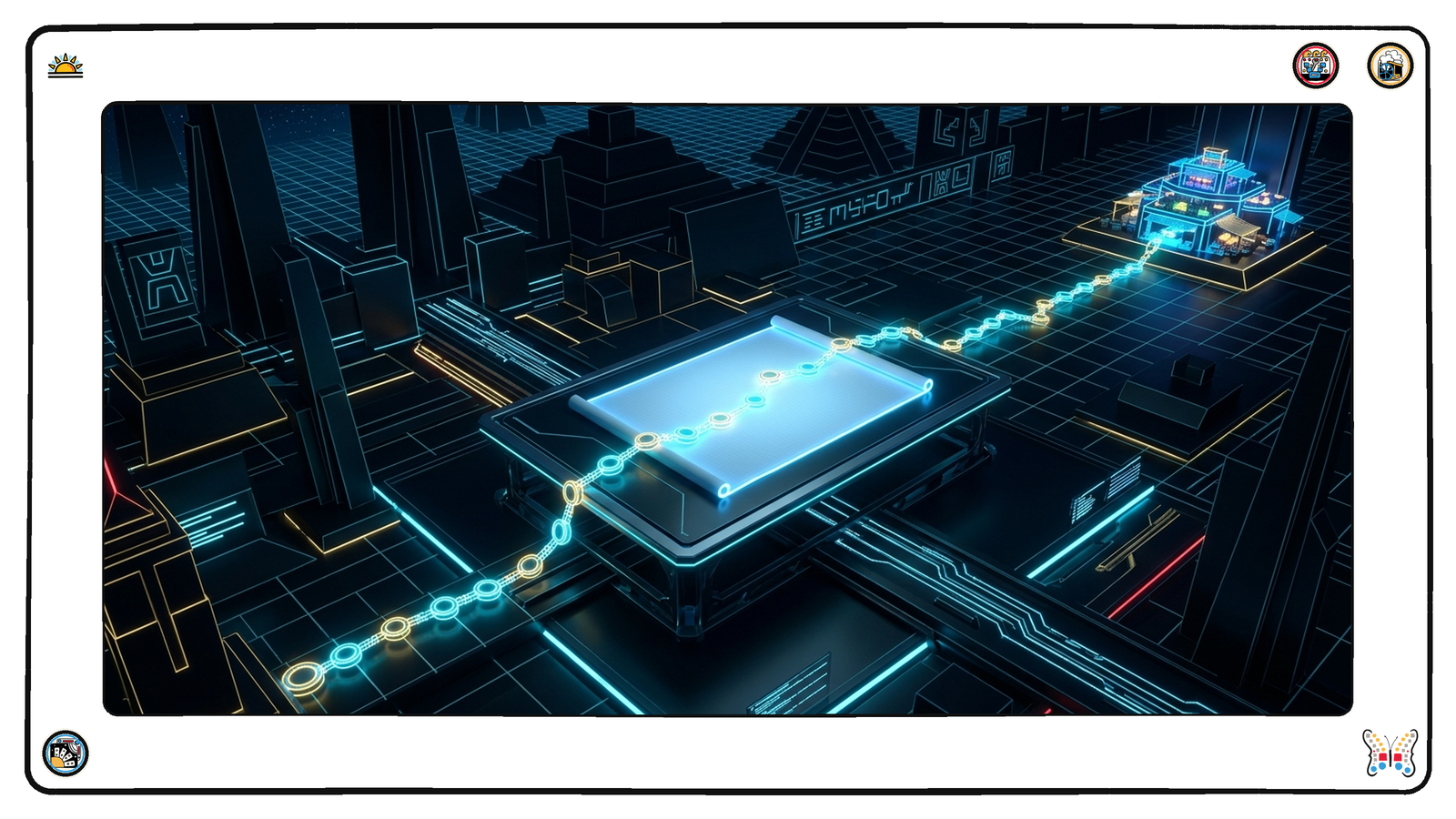 A dark neon cartographer's table seen from above where a single luminous blueprint lies unrolled, a bright chain of linked nodes running from one corner across the map to a glowing marketplace at the far edge.