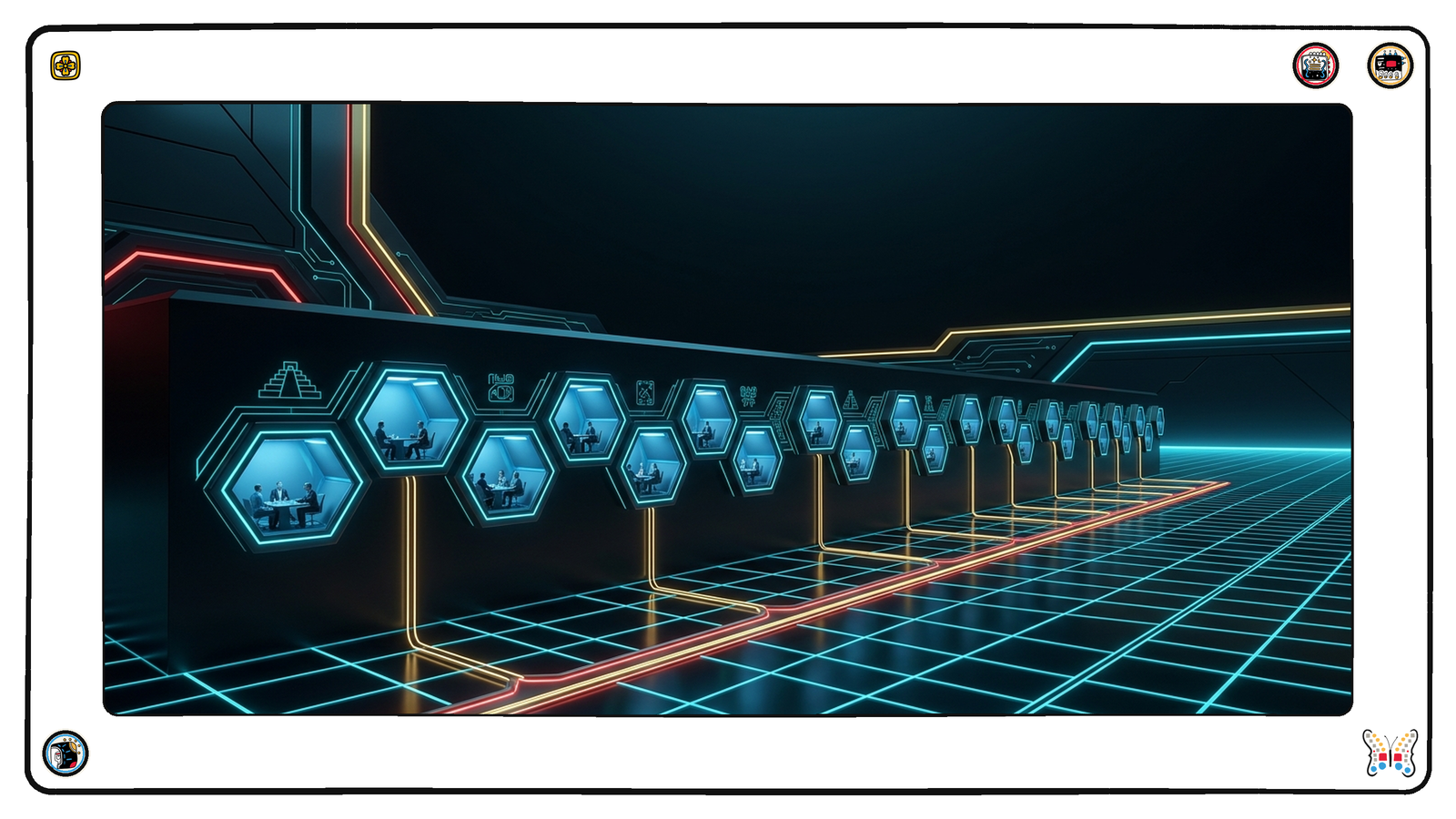 A long row of small hexagonal meeting chambers set into a dark foundation wall beneath the neon grid, tiny figures around tables in cool blue light, and from several of the chambers a thin gold line running down into a common channel in the floor.