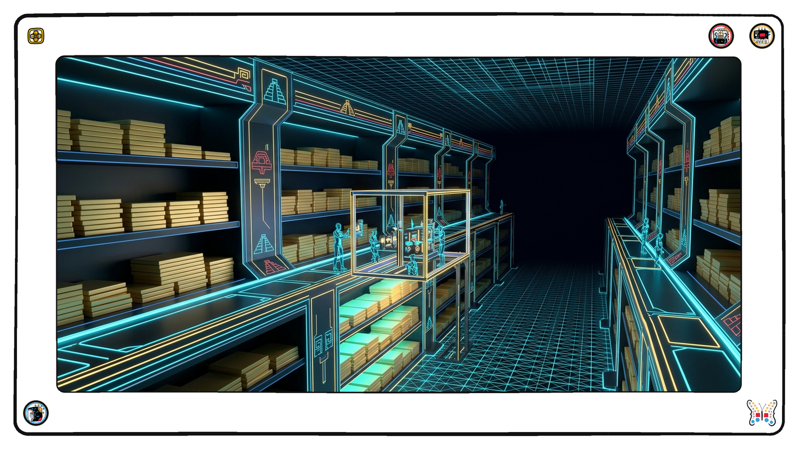 A long underground archive of stacked gold ledger plates beneath the grid, where tiny figures fit a set of small gauges and test fixtures onto a gold frame before it is lowered into place.