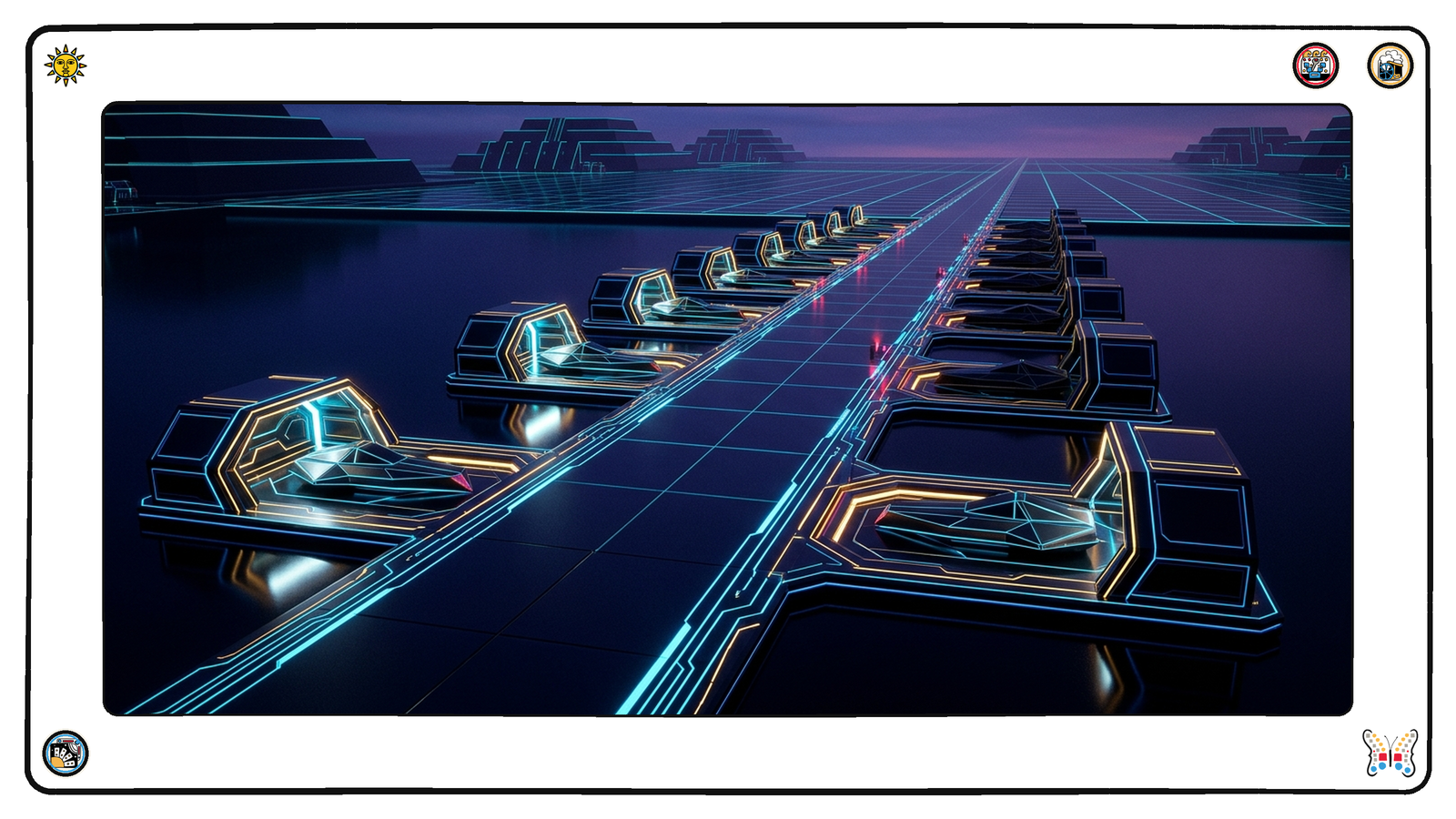 A dark neon harbour where a long pier of glowing docking bays stretches out over dark water, each bay newly lit and holding a small moored vessel, the lights coming on one after another down the length of the pier.