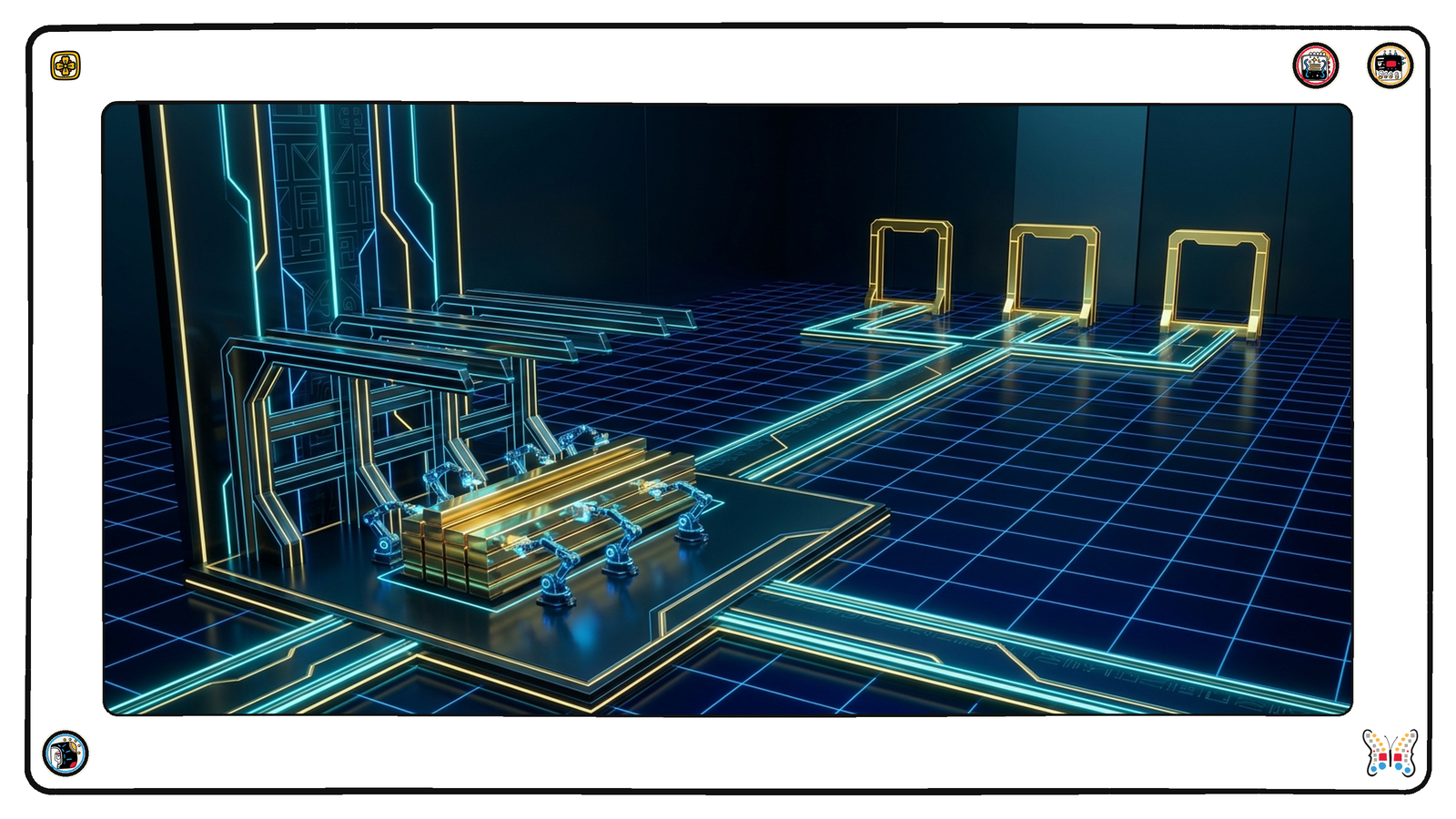 A deep foundation workshop beneath the neon grid where a crew of small automated arms polish and re-stack the same gold beams over and over, while three empty gold frames for new beams stand waiting at the far end of the hall.