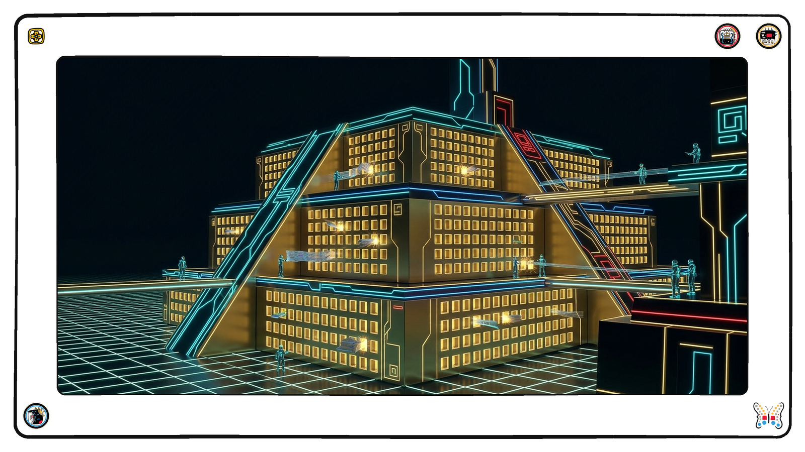 Beneath the neon grid, a vast underground index chamber where a single gold registry wall holds row upon row of small lit niches, and into the newest niches tiny figures slot thin transparent layers, folded route maps and small sealed kits, each glowing as it settles into place.