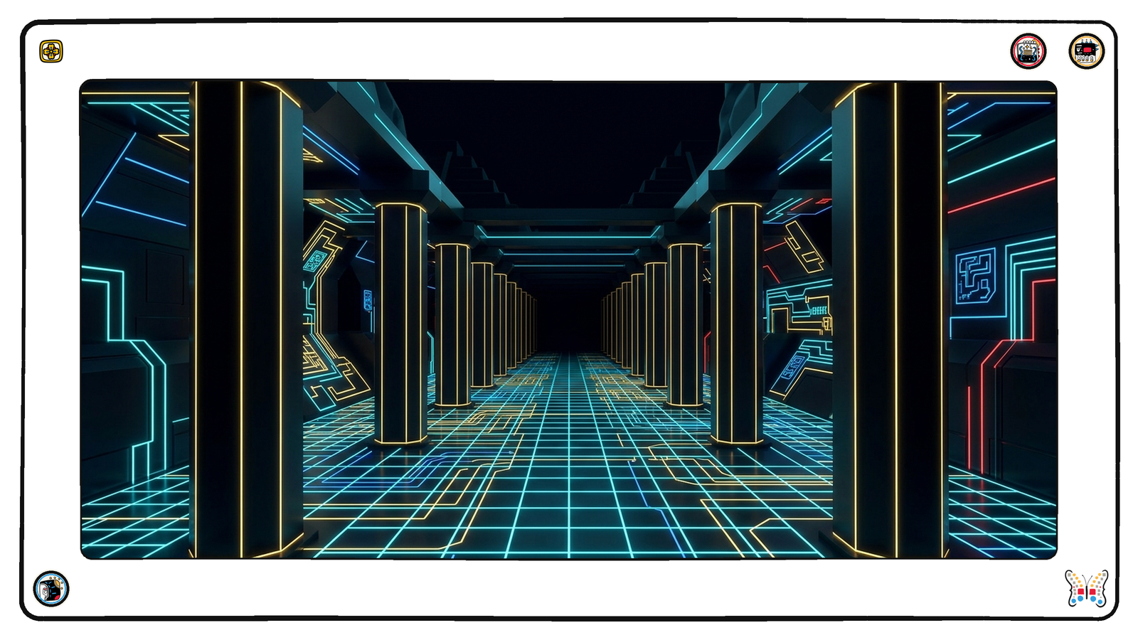 A long subterranean colonnade of tall plain dark monoliths receding into blackness, their edges traced in cold gold, most of them unlit and silent while the load-bearing neon grid floor runs on past them.