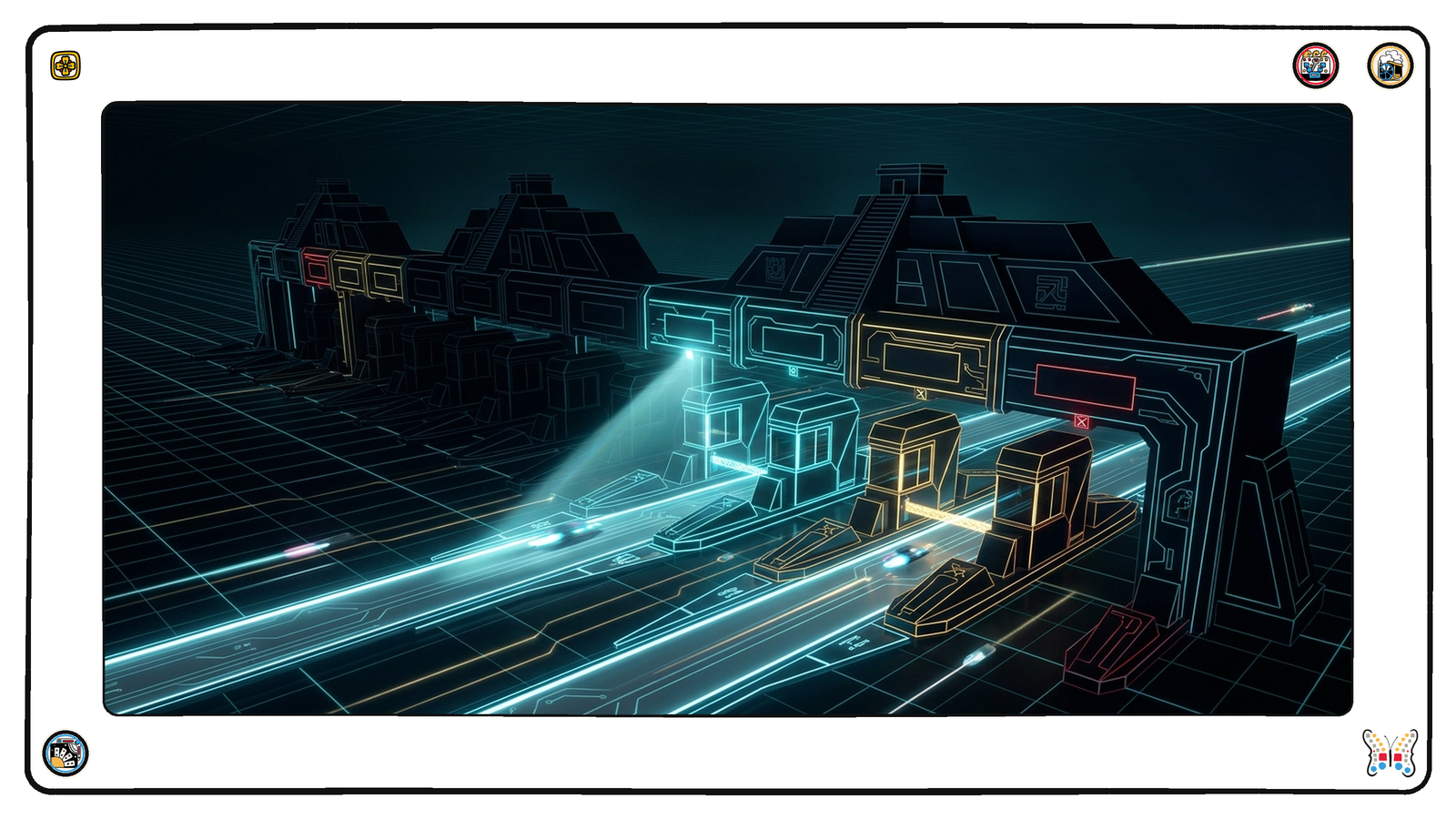 A dark neon toll plaza where a long row of glowing toll booths stands across a luminous road, most booths dim and closed, a few lit and passing small light-vessels through, and a scanning beam passing along the row counting them.