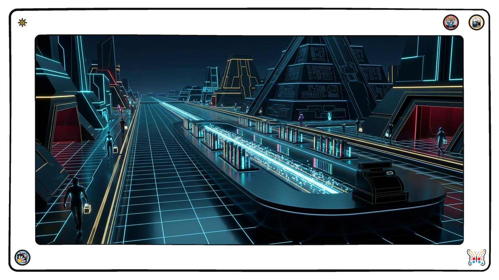 A dark neon avenue where a long counter of glowing meters fills with streaming light while the dark register at the end of the counter stays unlit.