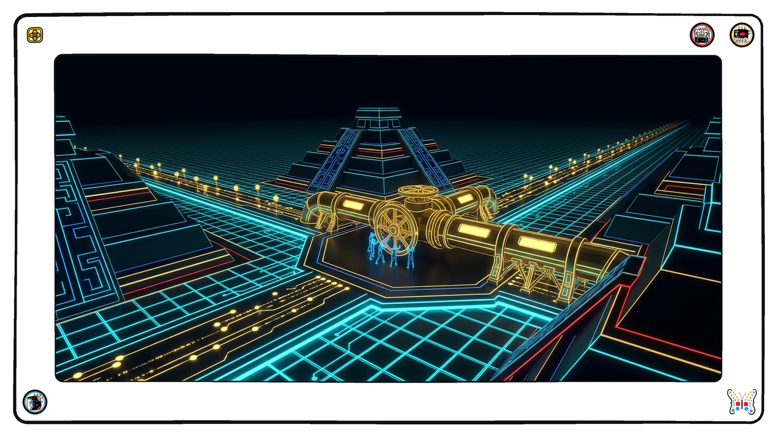 An underground junction hall beneath the neon grid where rows of glowing gold nodes stretch into the distance, and tiny figures turn a large valve at the junction to limit the flow through a gold pipe.