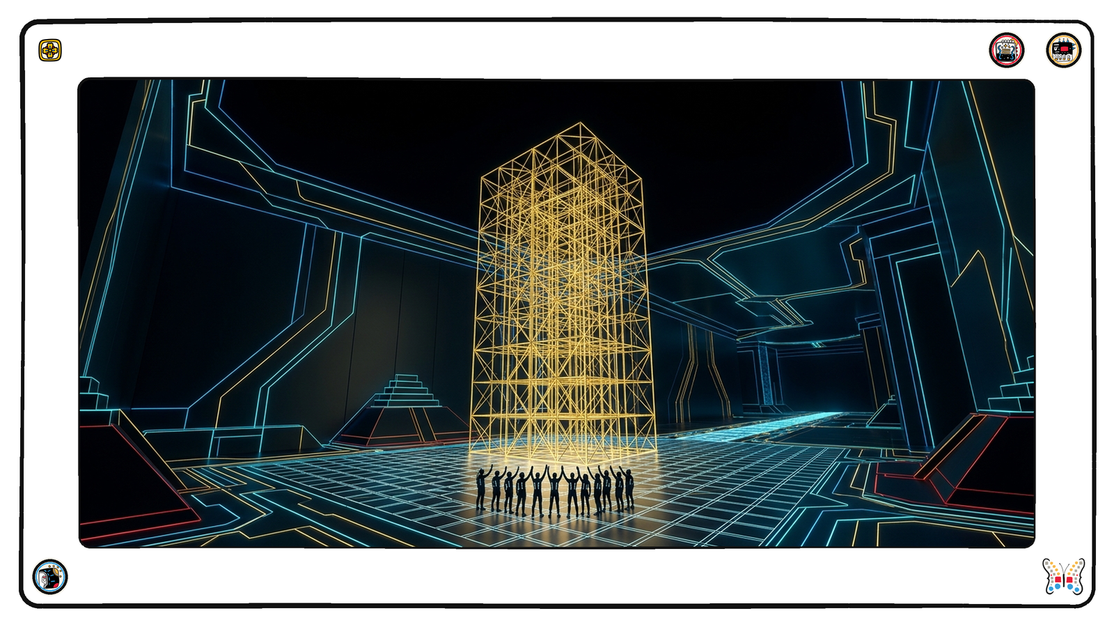 An underground hall beneath the neon grid where a tall gold lattice framework stands complete, and a row of tiny figures at its base raising their hands together.