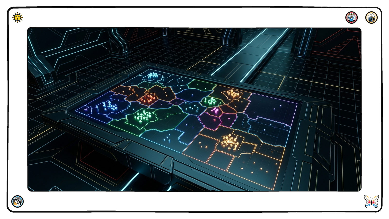 A dark neon table holding a luminous map divided into many coloured regions, bright clusters of markers in some regions and others nearly empty.