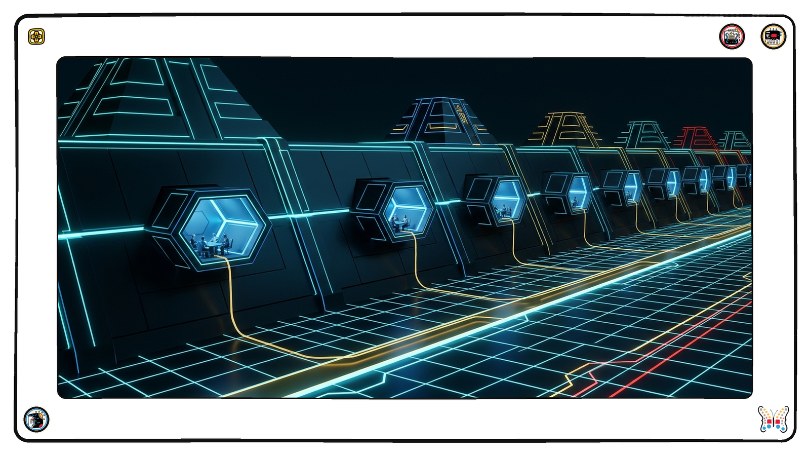 A long row of small hexagonal meeting chambers set into a dark foundation wall beneath the neon grid, tiny figures around tables in cool blue light, and from several of the chambers a thin gold line running down into a common channel in the floor.