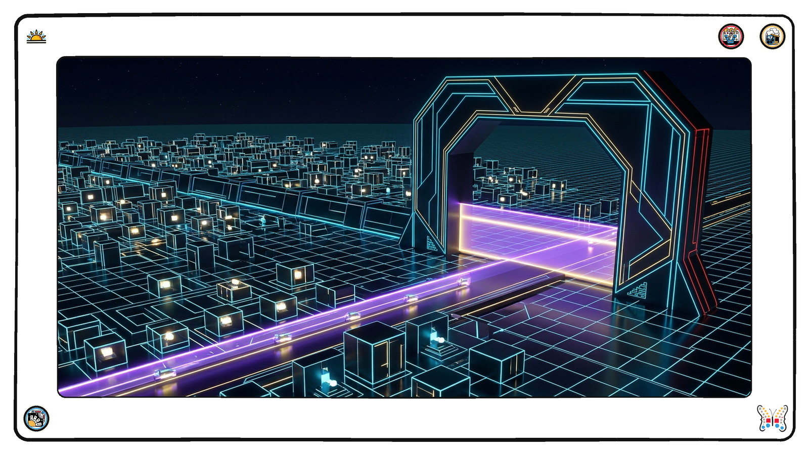 A dark neon grid city of small glowing enclosures, a single luminous road carrying light-vessels out of the city through one tall arch at its edge.