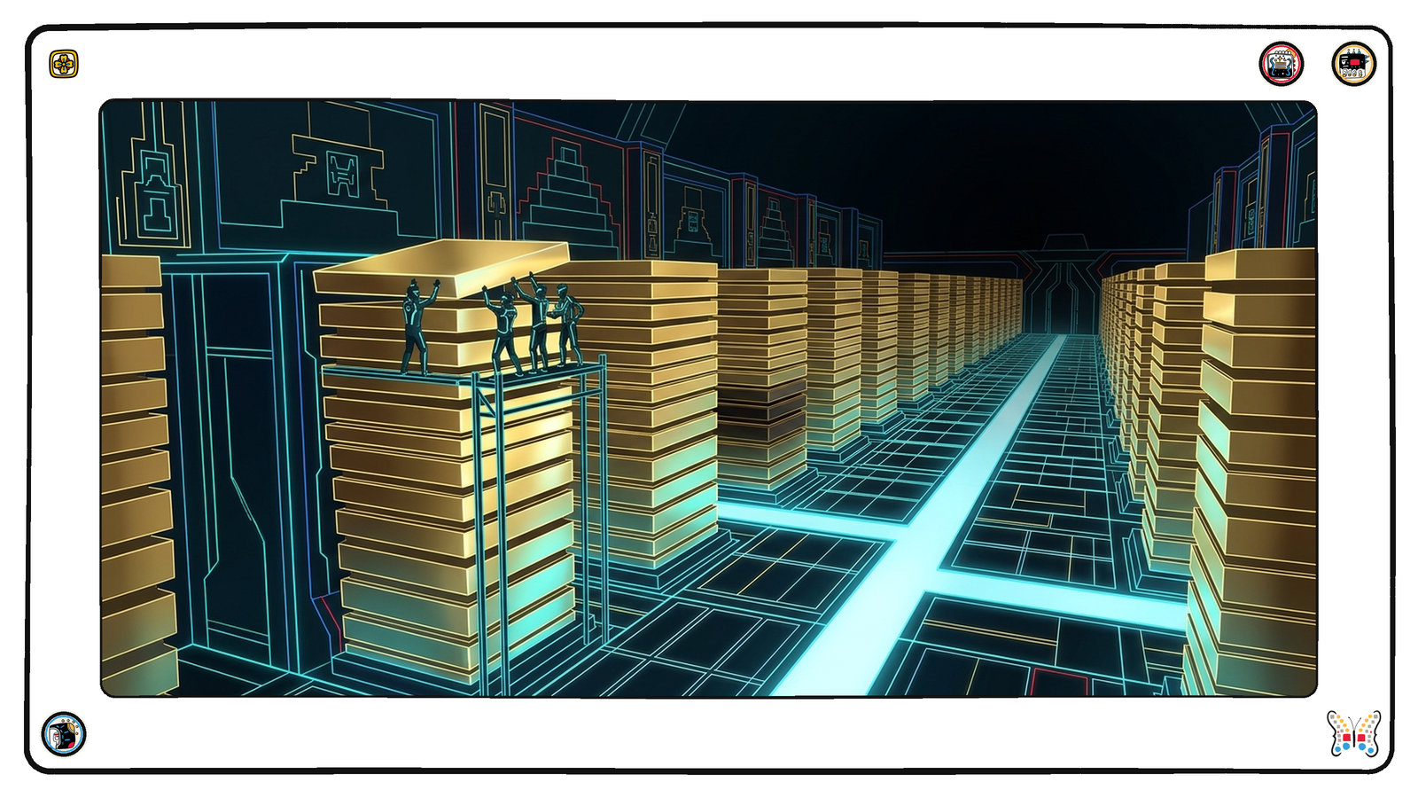 A long underground archive of stacked plain gold slabs beneath the grid, where tiny figures fit one more heavy layer onto the top of a tall stack while the long rows of older stacks run on into the distance.