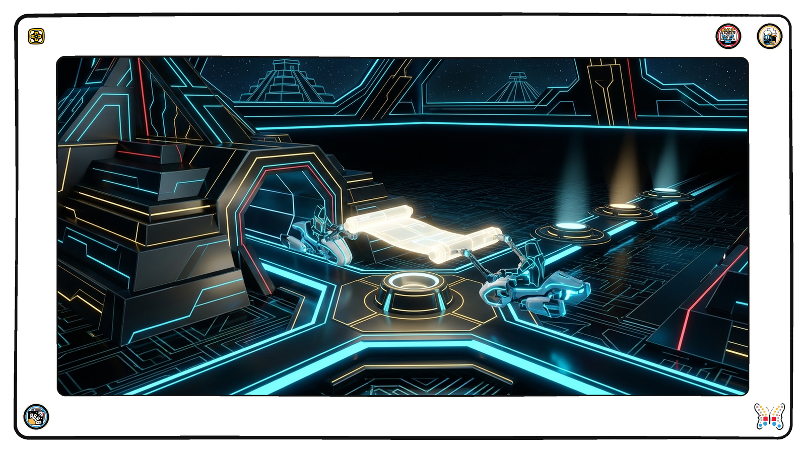 A dark neon hall where two small machines carry a glowing scroll through an arched threshold toward a central pedestal, a row of lit pedestals waiting beyond.