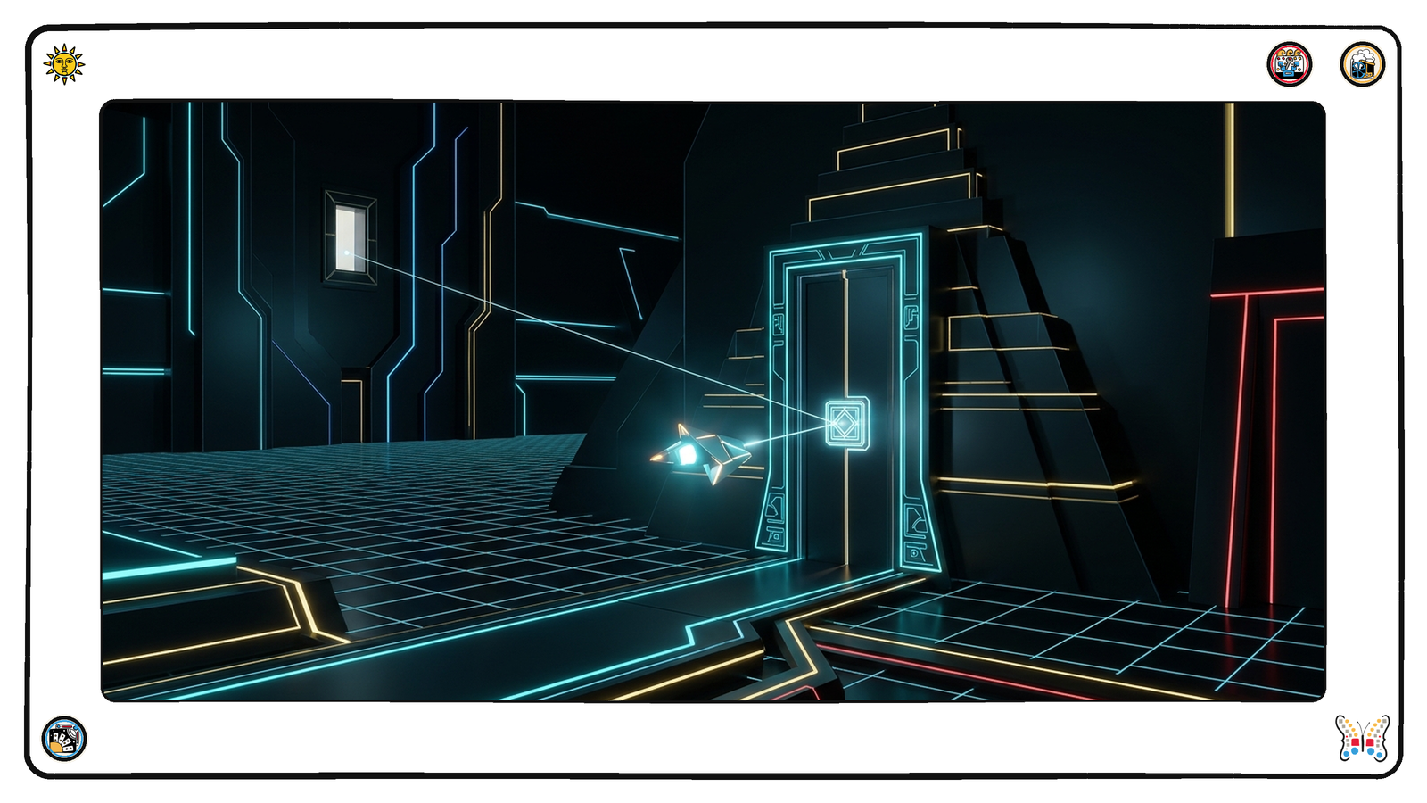 A small angular light-vessel presents a glowing seal to a tall door set in a dark neon pyramid, a thin thread of light running from the seal back to a lit window high in the wall.