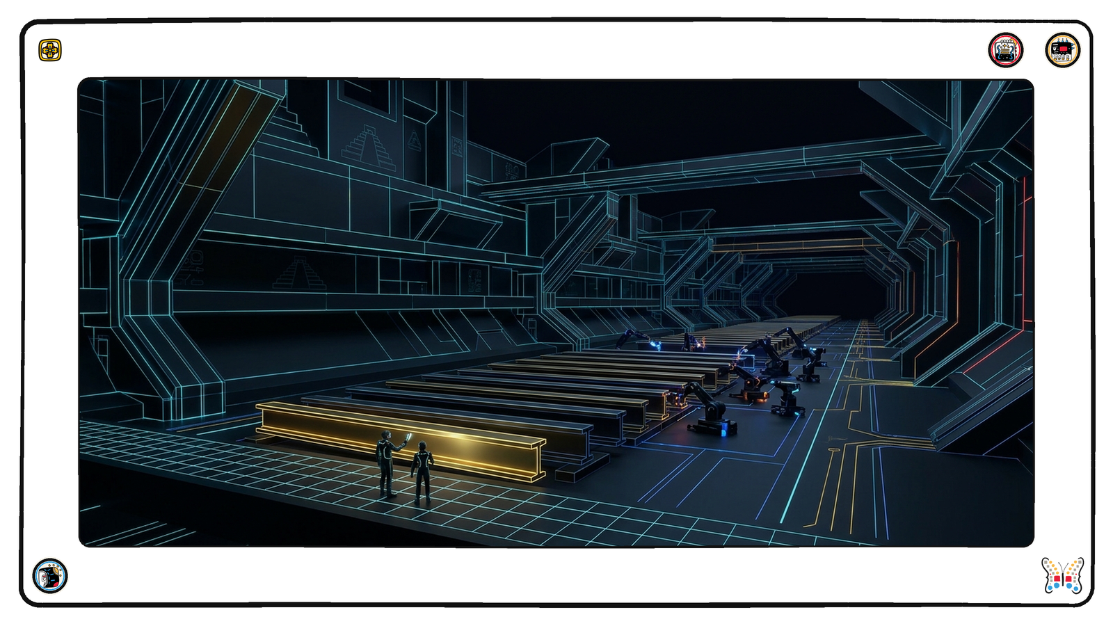 A deep foundation workshop beneath the neon grid where two tiny figures check a single new gold beam against a long row of older ones while a crew of small automated arms works quietly further down the hall.