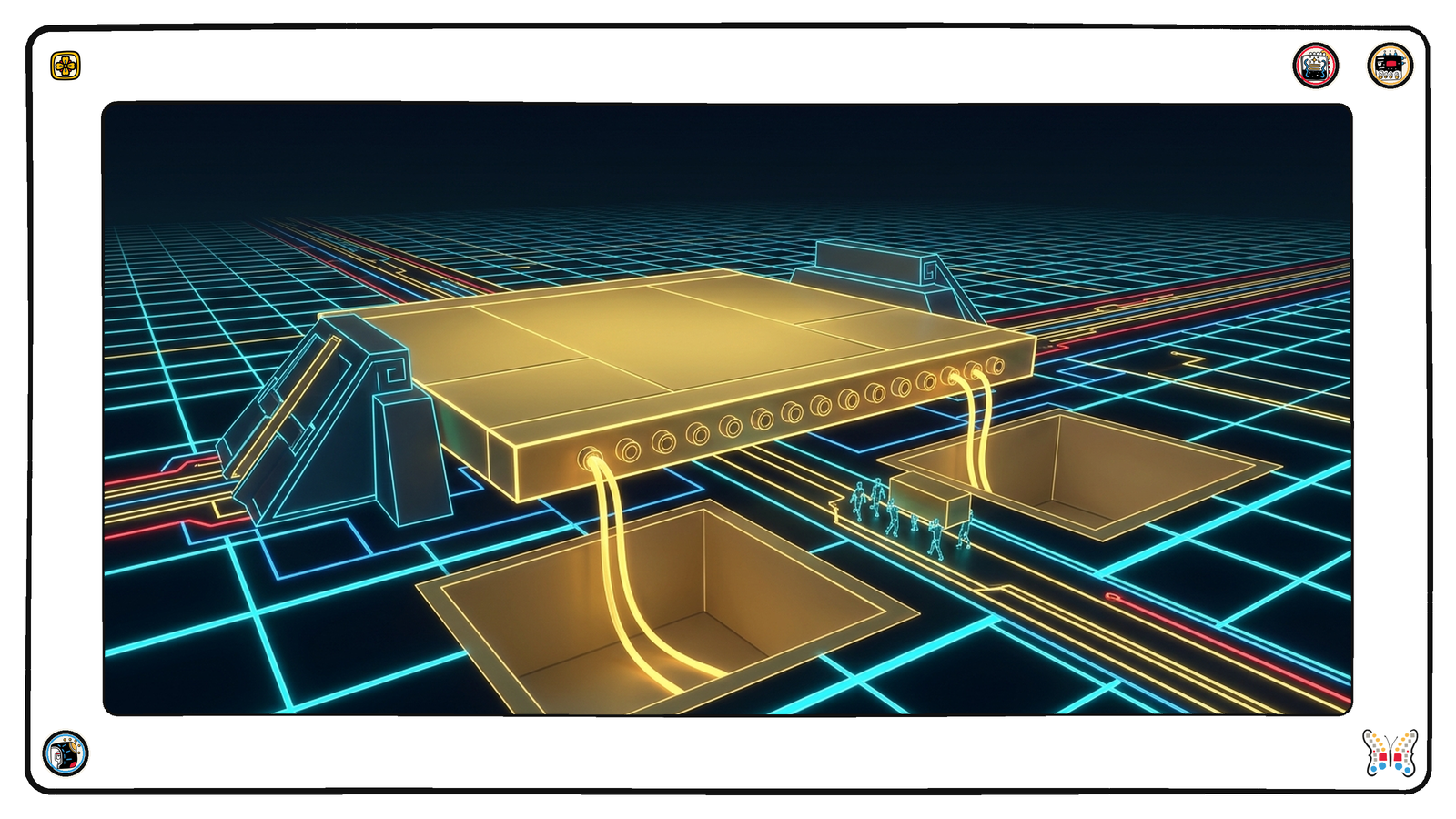 Beneath the neon grid, a great gold load-bearing slab with a row of small empty sockets along its edge, and from two of the sockets thick gold cables running down into separate smaller foundation chambers, tiny figures carrying a heavy block out of the main slab into one of the side chambers.