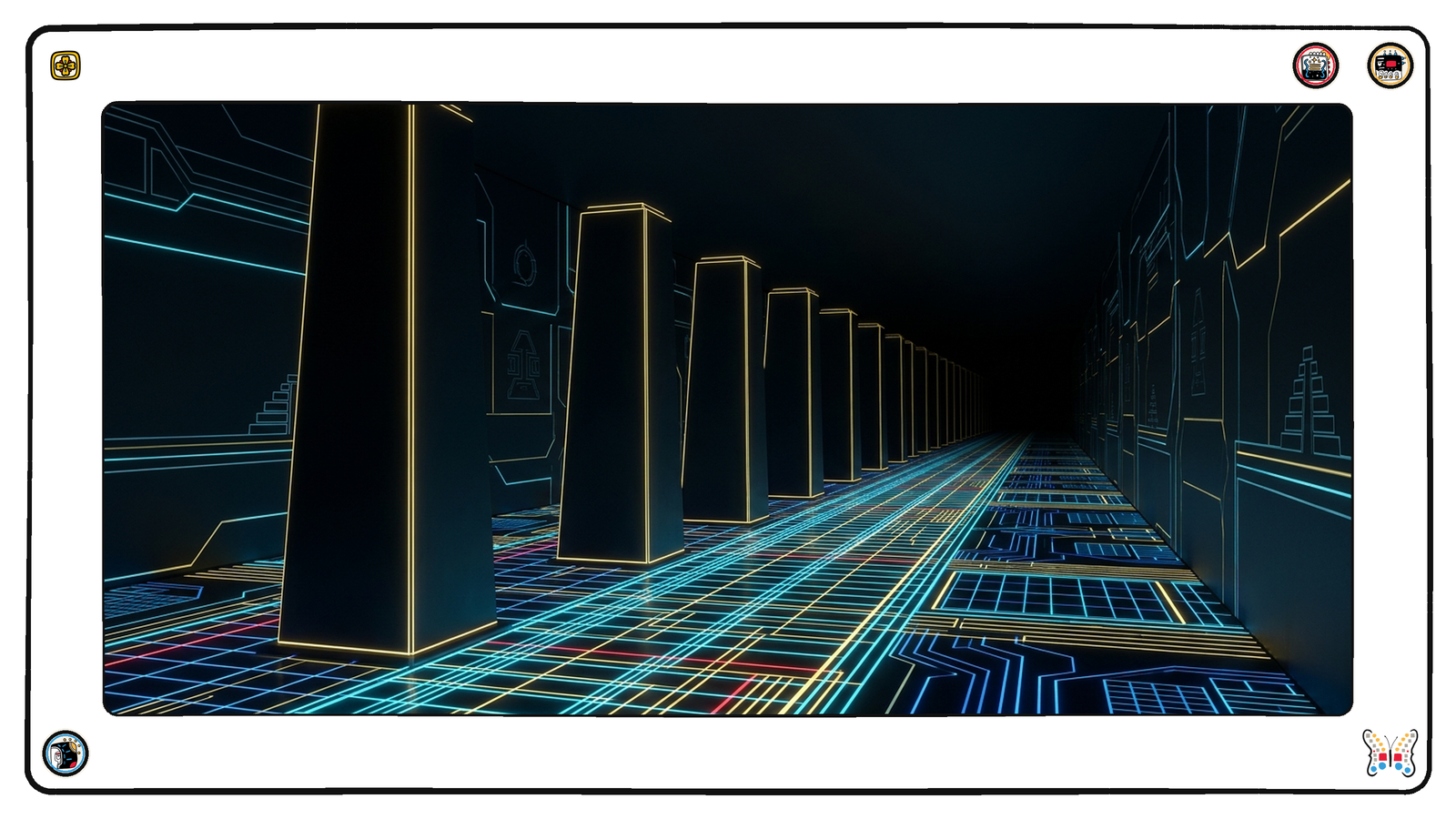 A long subterranean colonnade of tall plain dark monoliths receding into blackness, their edges traced in cold gold, most of them unlit and silent while the load-bearing neon grid floor runs on past them.