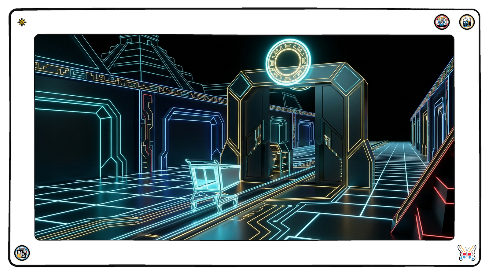 A dark neon shopping arcade where a glowing cart moves along a luminous rail by itself toward a checkout gate, a small seal hovering over the gate as it opens.