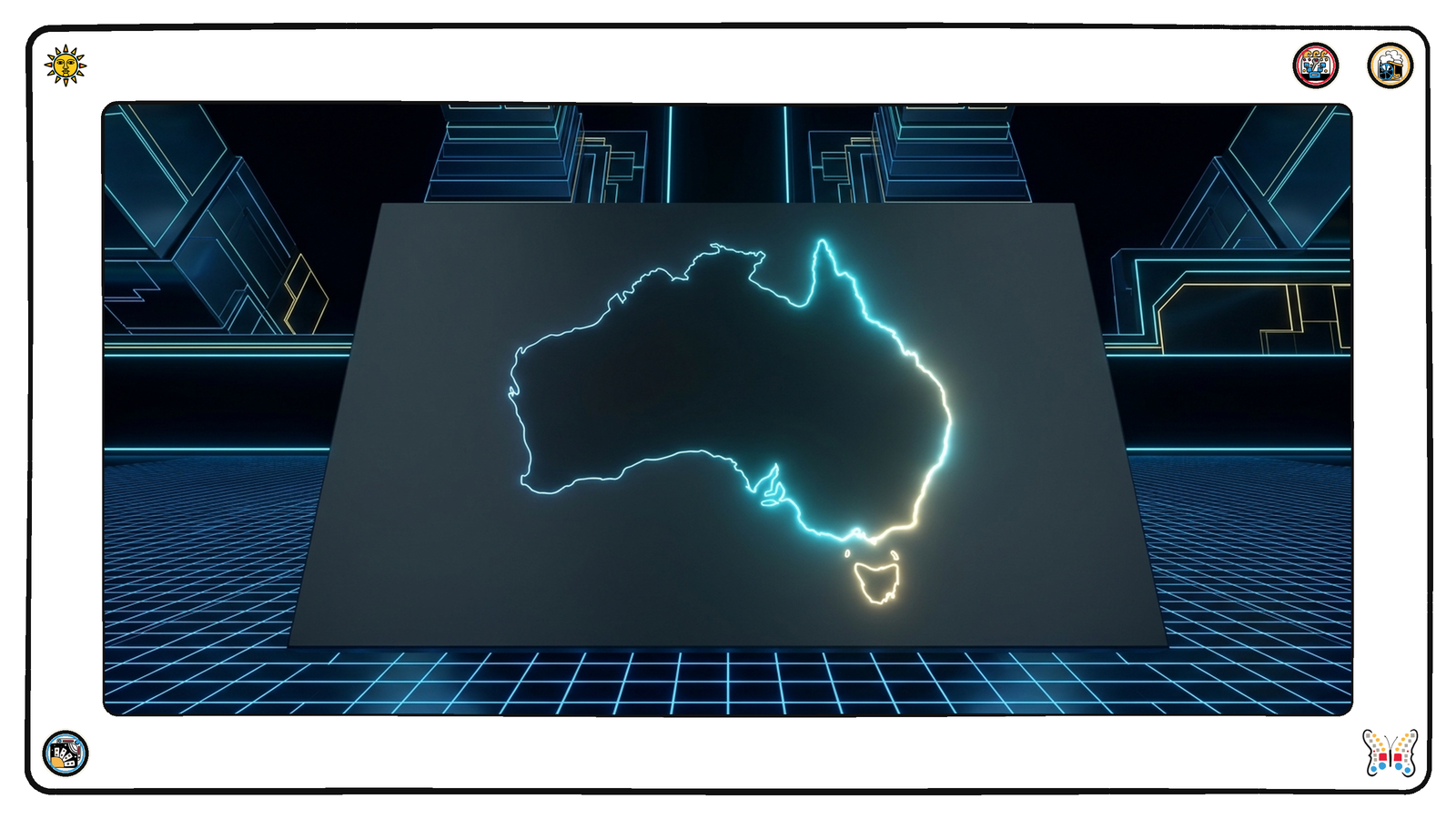 A dark neon cartographer's table seen from above where a luminous map of a single large island continent is lit brightly in a few regions and dark across the rest.