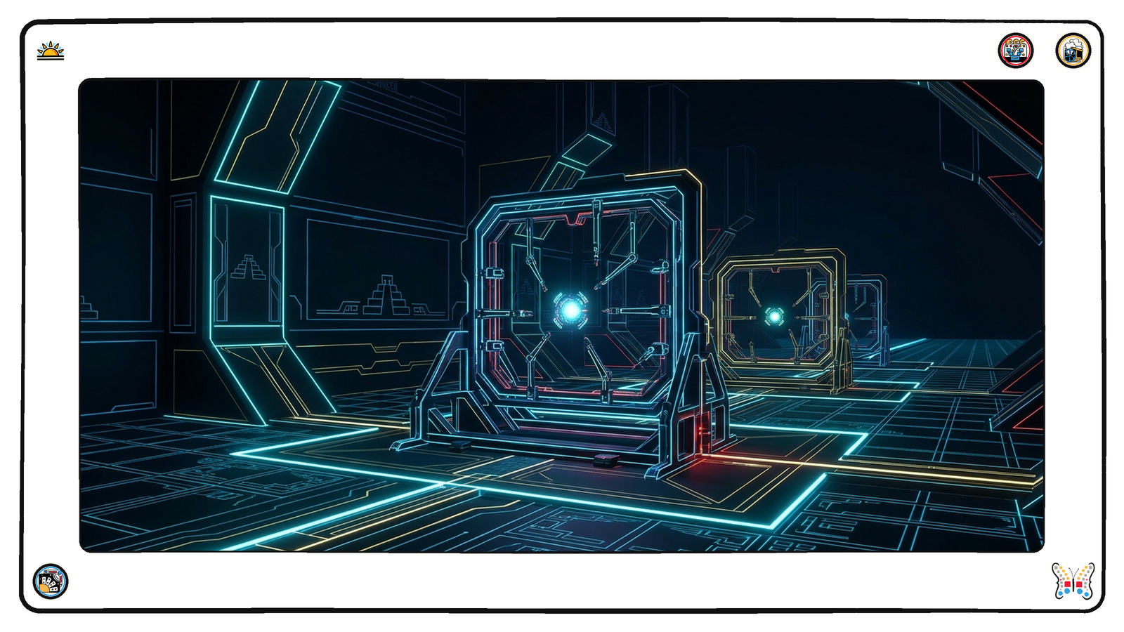 A dark neon workshop where a small glowing core sits suspended inside a large angular frame of rails, restraints and instrument arms, with several similar frames standing in a row behind it.