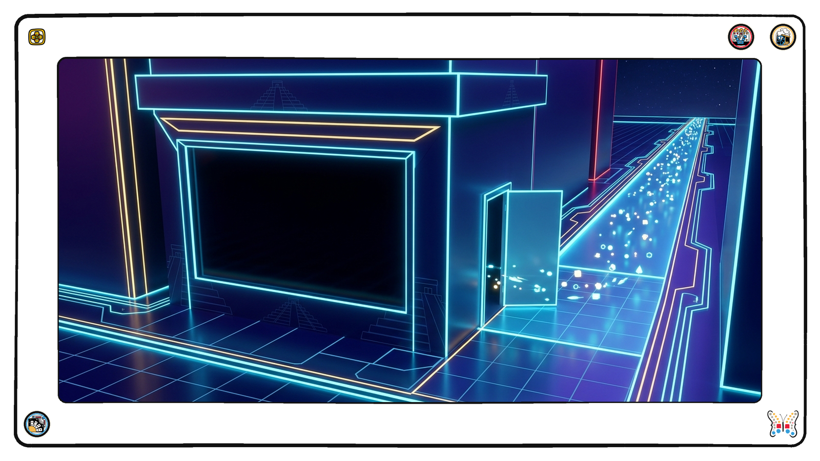 A dark neon storefront with its display window dark and empty, while out the back a broad bright channel of small light-vessels flows in and out through a plain service door.