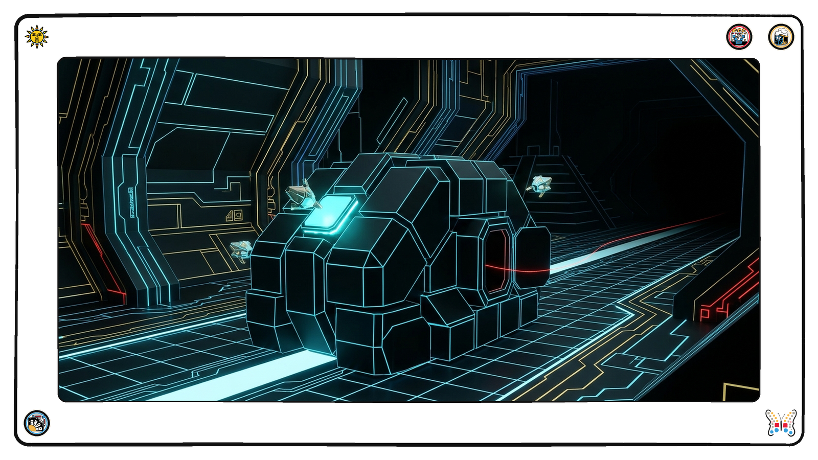 A dark neon assembly hall where a large angular machine is being fitted with new lit panels by small light-vessels, one open hatch on its side showing a thin red thread running out to the dark.