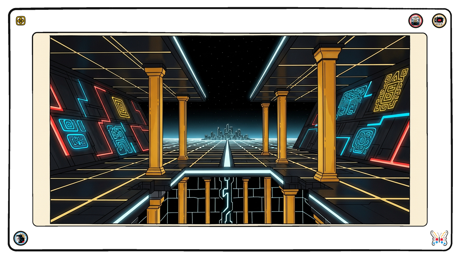 The neon grid floor opened in cross-section, gold load-bearing columns rising out of the foundation beneath it, a small distant city standing on the intact surface above.